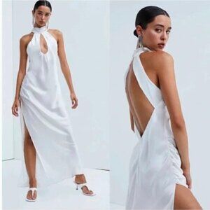 For Love & Lemons Pia Halter Satin Maxi Dress White Slit Bridal Keyhole